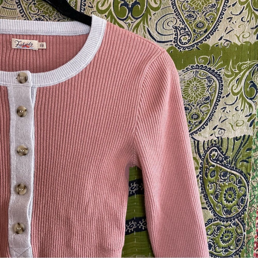 Faherty Rose Pink Colorblock Mikki Cotton/ Cashmere Henley Sweater Size Small - Picture 4 of 15